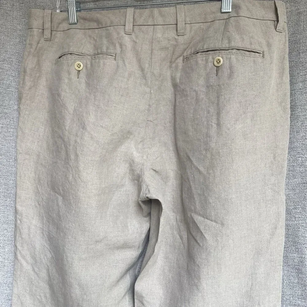 Tommy Bahama Beach Linen Pants Stone Khaki Mens 36x32 Flat Front Pocket Zip